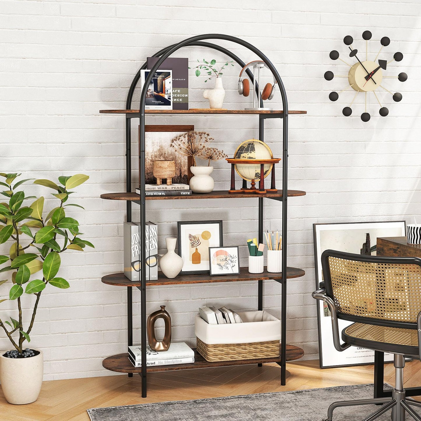 4-Tier Arched Bookshelf, 156cm Metal Frame Bookcase Shelving Unit