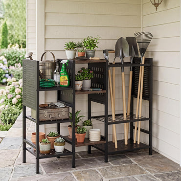 Garden Tool Storage Rack, 3 Tier Metal Yard Tool Organizer with Wooden Shelves