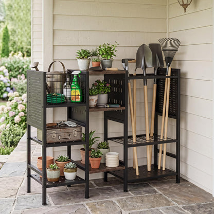 Garden Tool Storage Rack, 3 Tier Metal Yard Tool Organizer with Wooden Shelves