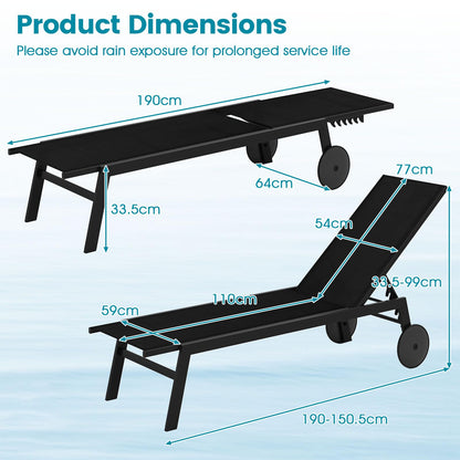 Patio Chaise Lounge Chair with Wheels Outdoor Recliner with 6-Level Adjustable Backrest