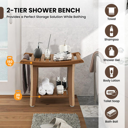 2-Tier Slatted Spa Bath Stool with Storage Shelf & Handles