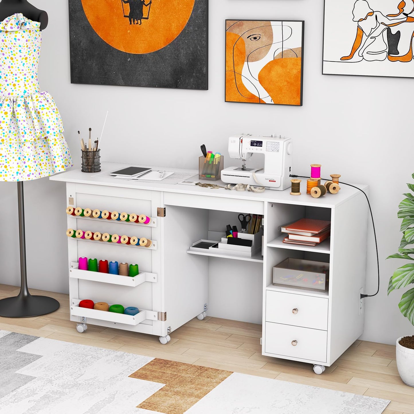 Folding Sewing Table with Charging Station and Storage Shelves