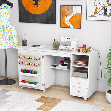 Folding Sewing Table with Charging Station and Storage Shelves