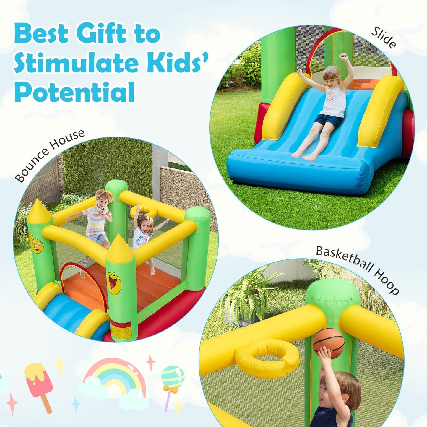 Kids Smiley Face Theme Inflatable Bounce House with Slide and Basketball Hoop (without Blower)