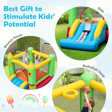 Kids Smiley Face Theme Inflatable Bounce House with Slide and Basketball Hoop (without Blower)