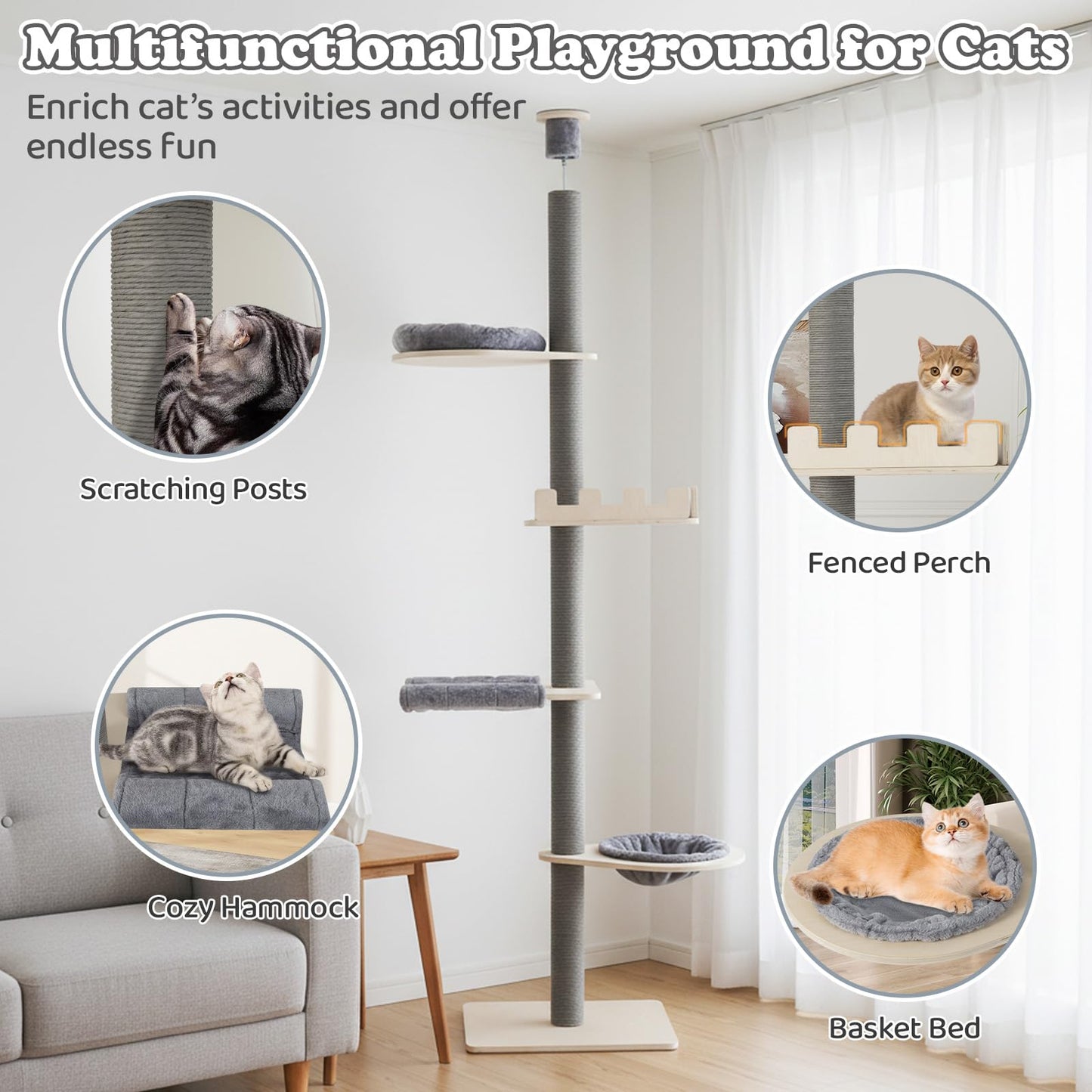 Floor to Ceiling Cat Tree, 5 Tier Tall Cat Tower with 236-271cm Adjustable Height