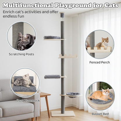 Floor to Ceiling Cat Tree, 5 Tier Tall Cat Tower with 236-271cm Adjustable Height