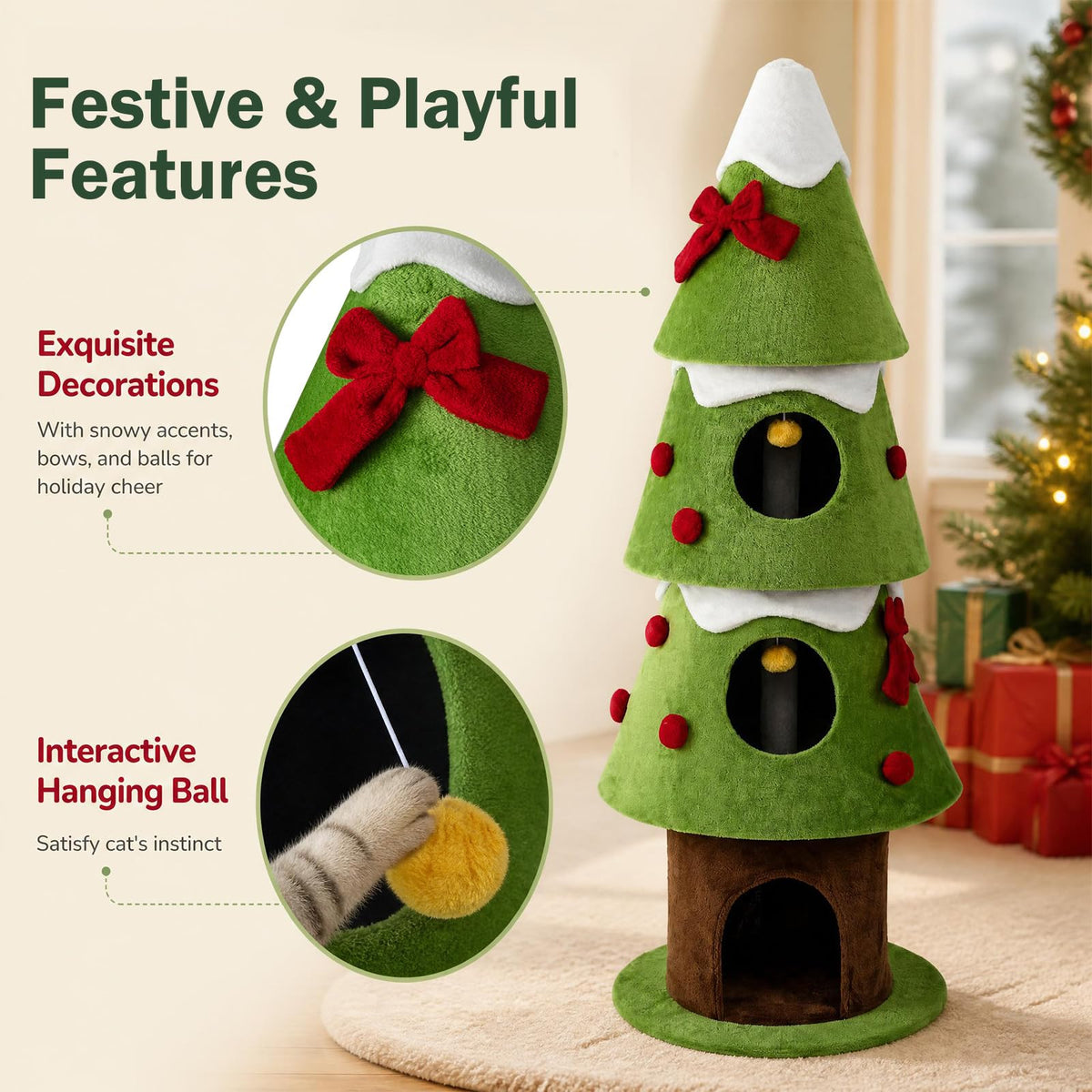 157.5 cm Christmas Cat Tree with 3 Cozy Condos and 2 Hanging Balls