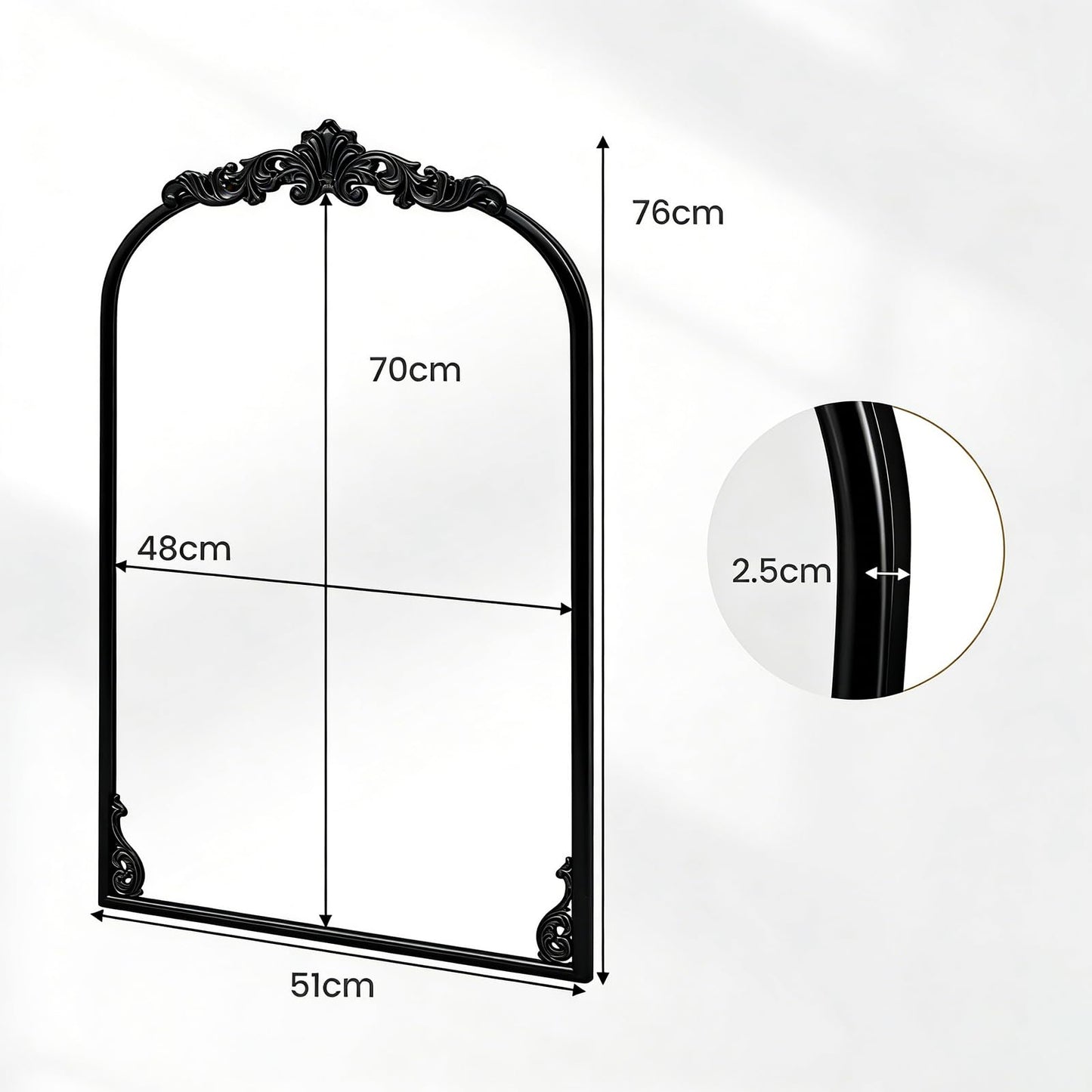 Dramatic Arched Wall Mirror with Baroque Ornate Frame
