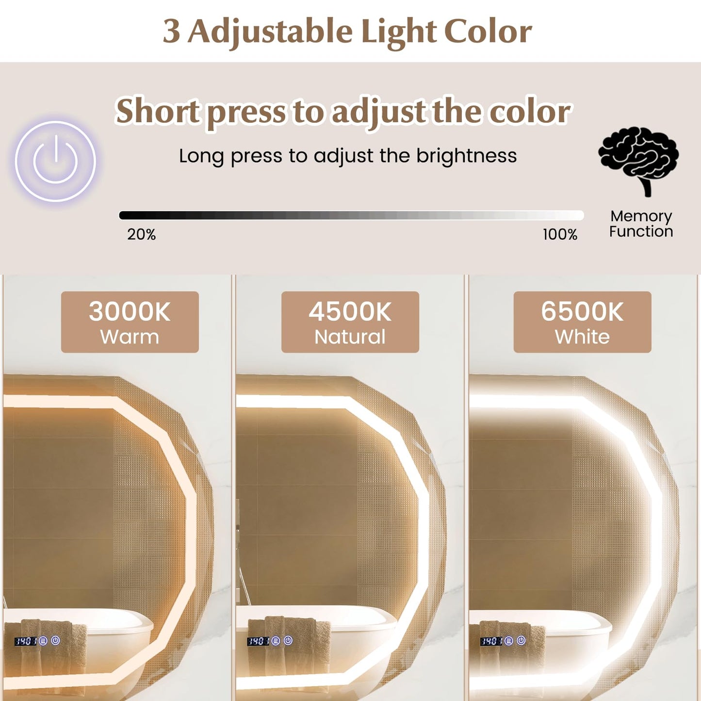 Anti-Fog Mirror LED Bathroom Mirror with 3 Color LED Light