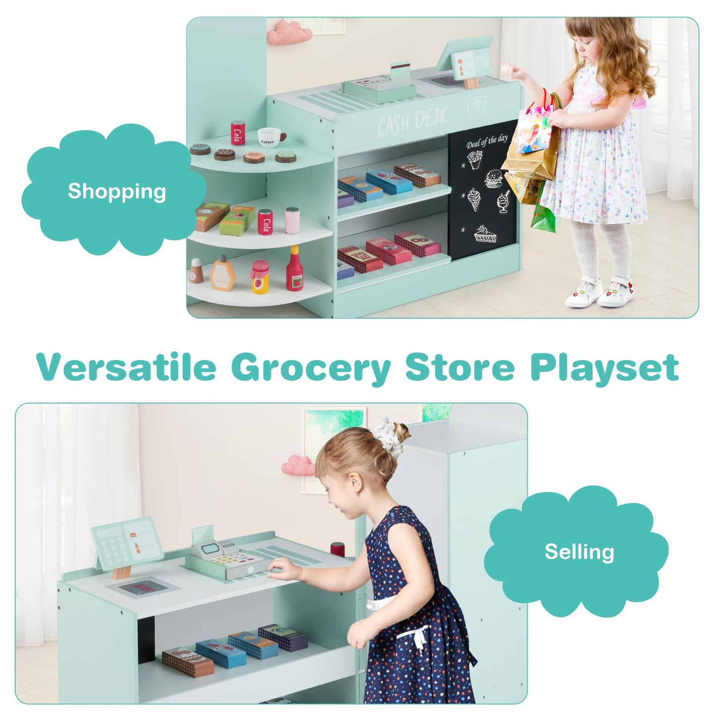 Kids Grocery Store Playset with Cash Register and Writable Chalkboard
