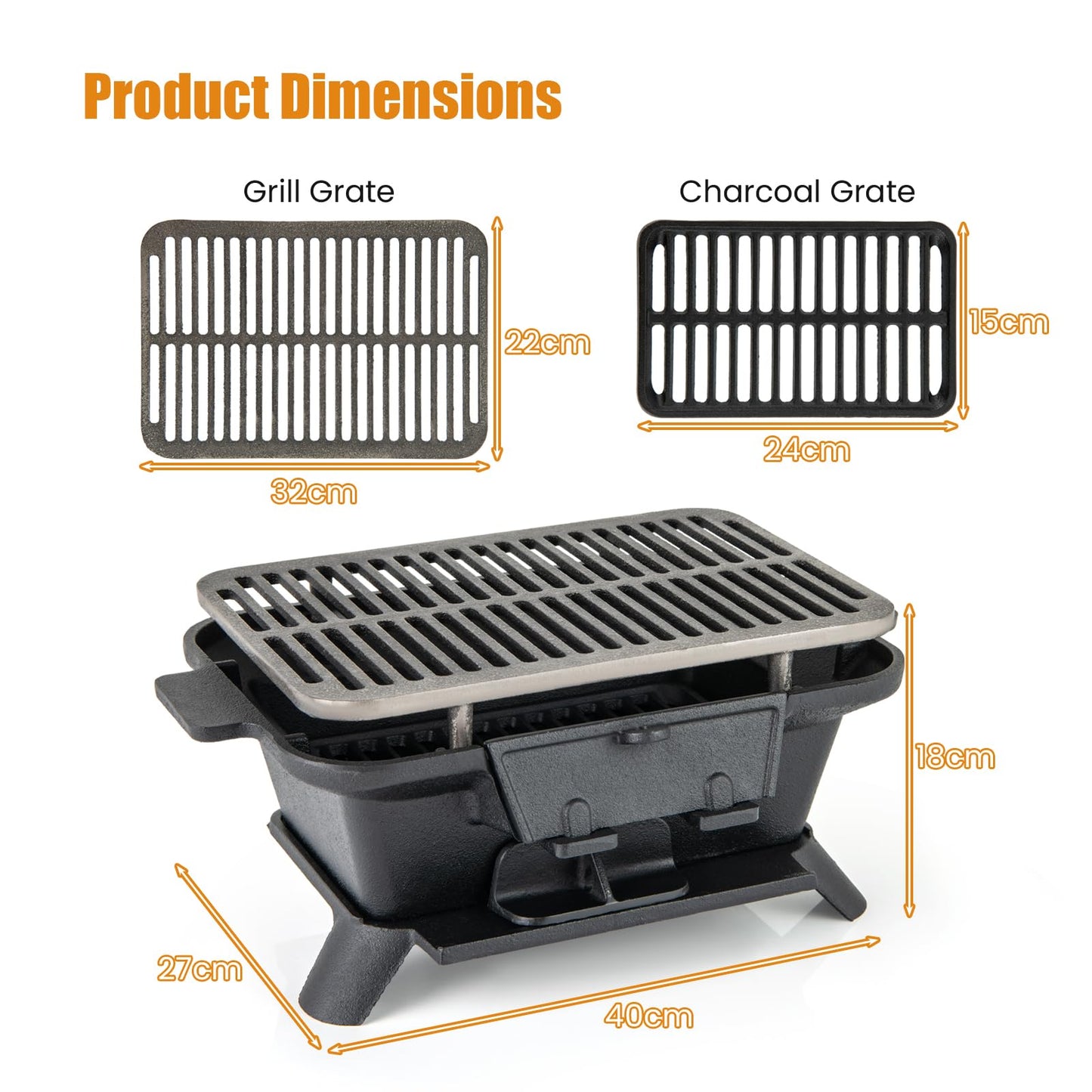Cast Iron Charcoal Grill, Tabletop Barbecue Grill with Double-Sided Grilling Net