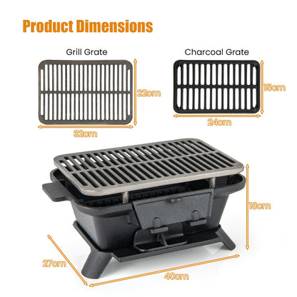 Cast Iron Charcoal Grill, Tabletop Barbecue Grill with Double-Sided Grilling Net