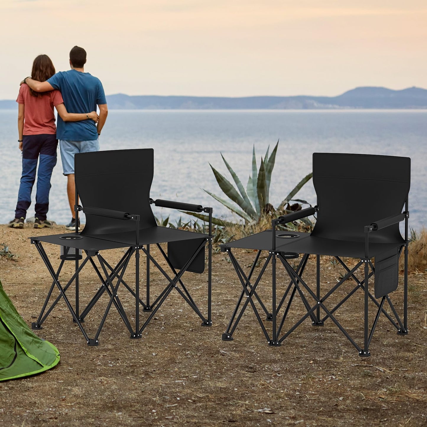 2 Pack Oversized Folding Camping Chair with Side Table and 2 Storage Pockets