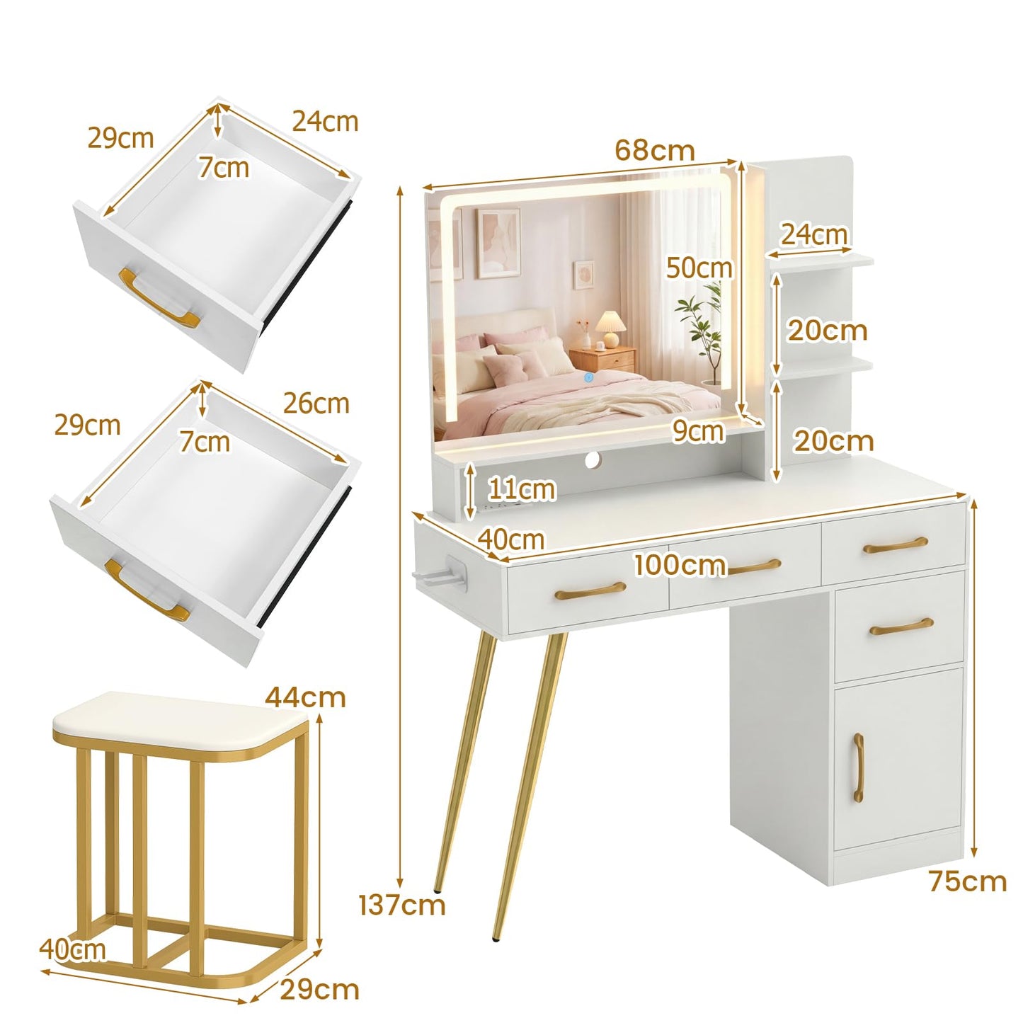 Dressing Table with LED Mirror and Stool, Makeup Table Vanity Desk Set
