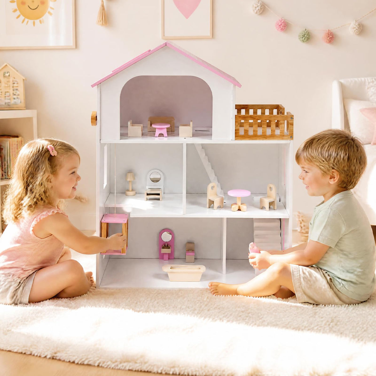 3-Story Wooden Dollhouse Playset with 5 Rooms and Furniture Accessories
