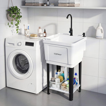 Freestanding Single Bowl Utility Sink, 55L Drain Laundry Tub with Faucet
