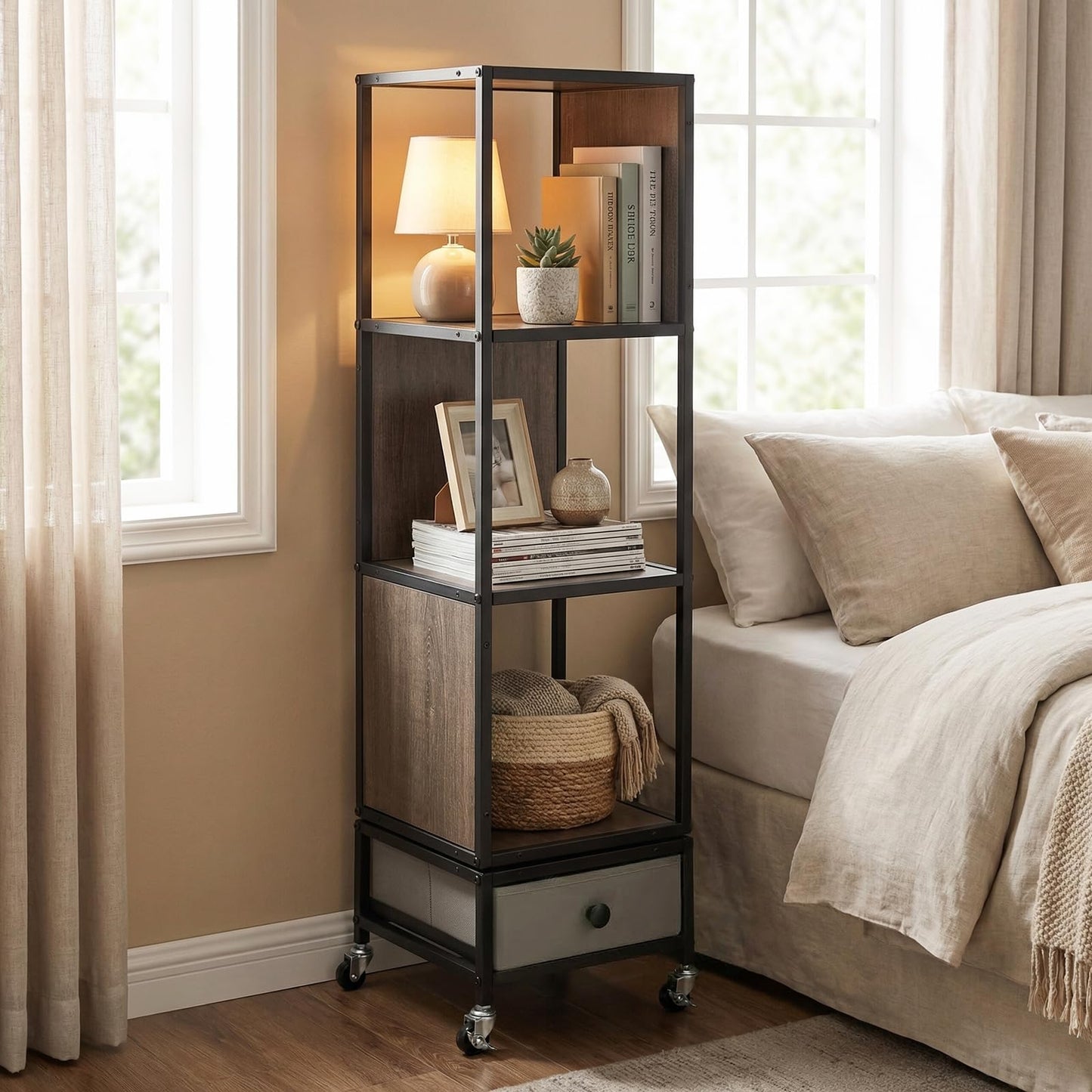 4-Tier Rotating Bookshelf, 360° Spinning Bookcase Tower with Wheels and Removable Fabric Storage Drawer