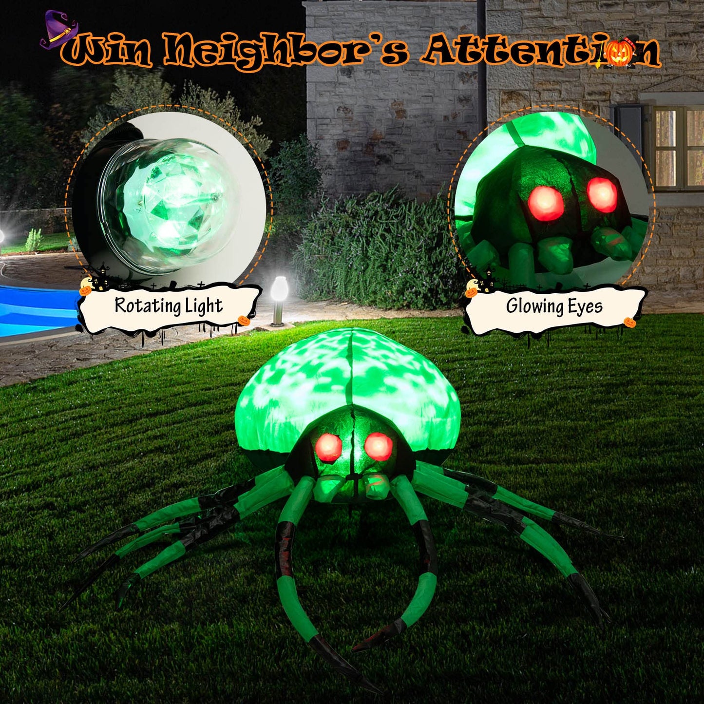 Halloween Inflatable Spider and Cobweb Creepy with LED Rotating Light