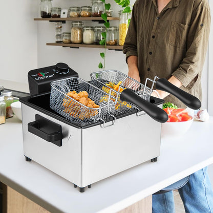 2000W Electric Deep Fryer Stainless Steel Countertop Frying Pot with 3 Baskets