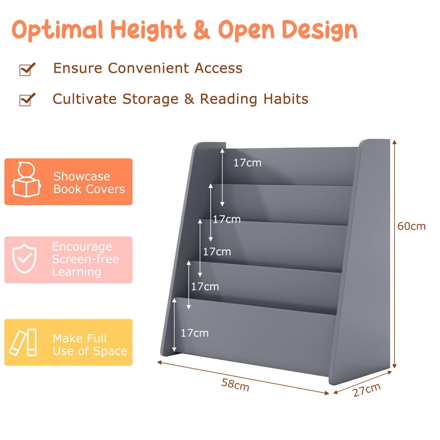 4-Tier Kids Bookshelf with Deep Compartments for Kids Bedroom
