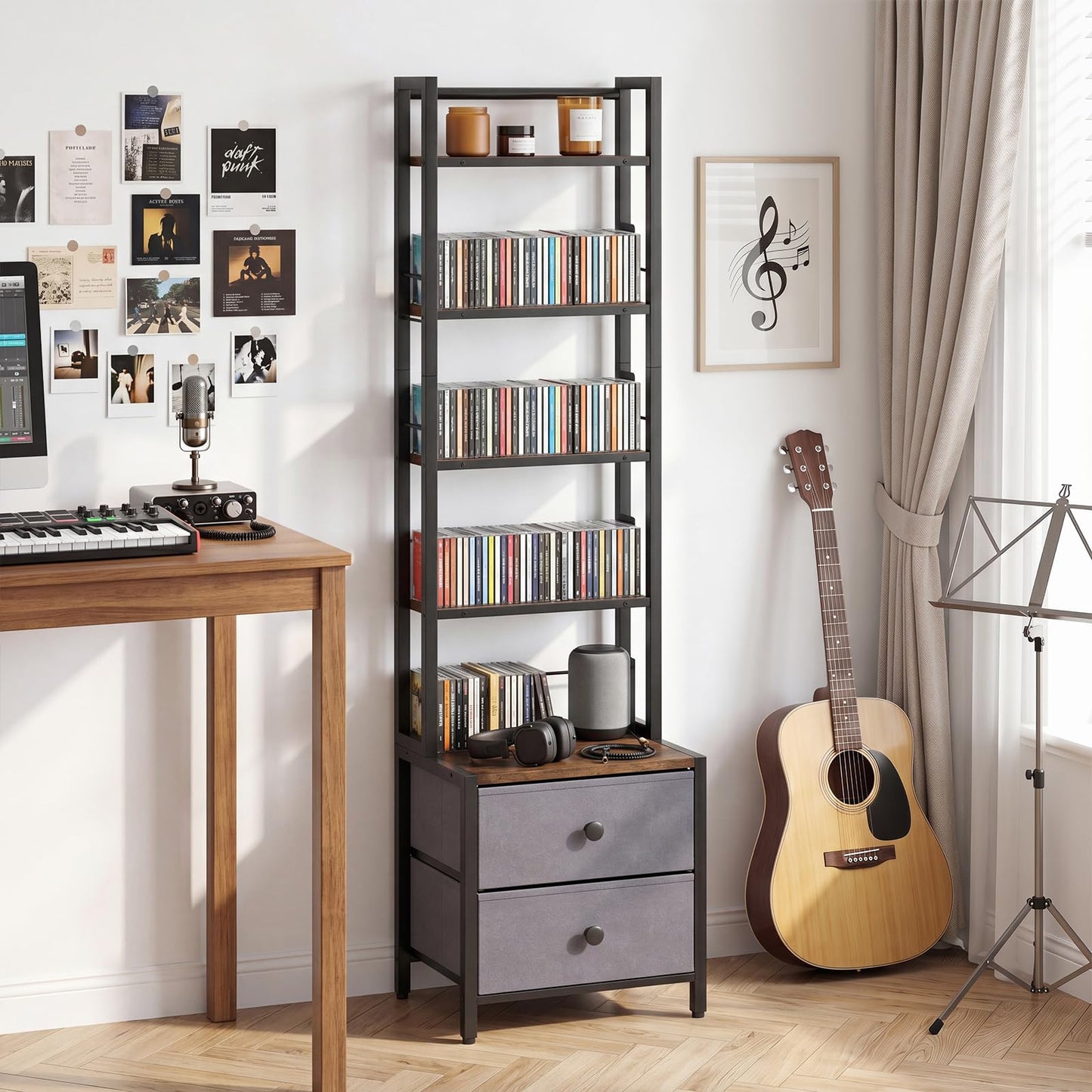 CD Storage Rack with Drawers, 5-Tier DVD Shelf Unit Vinyl Holder