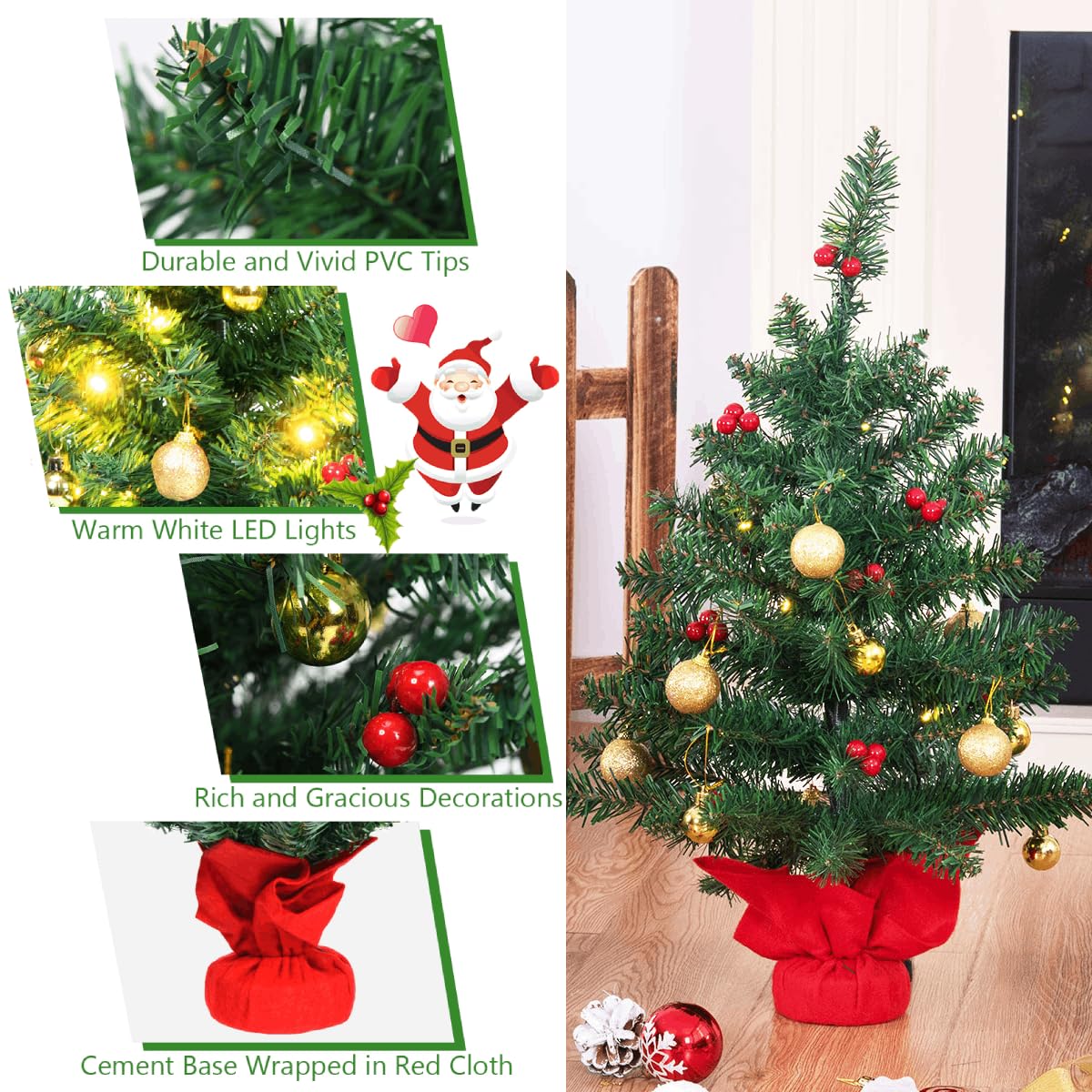 2FT 60cm PVC Artificial Christmas Tree with LED Lights