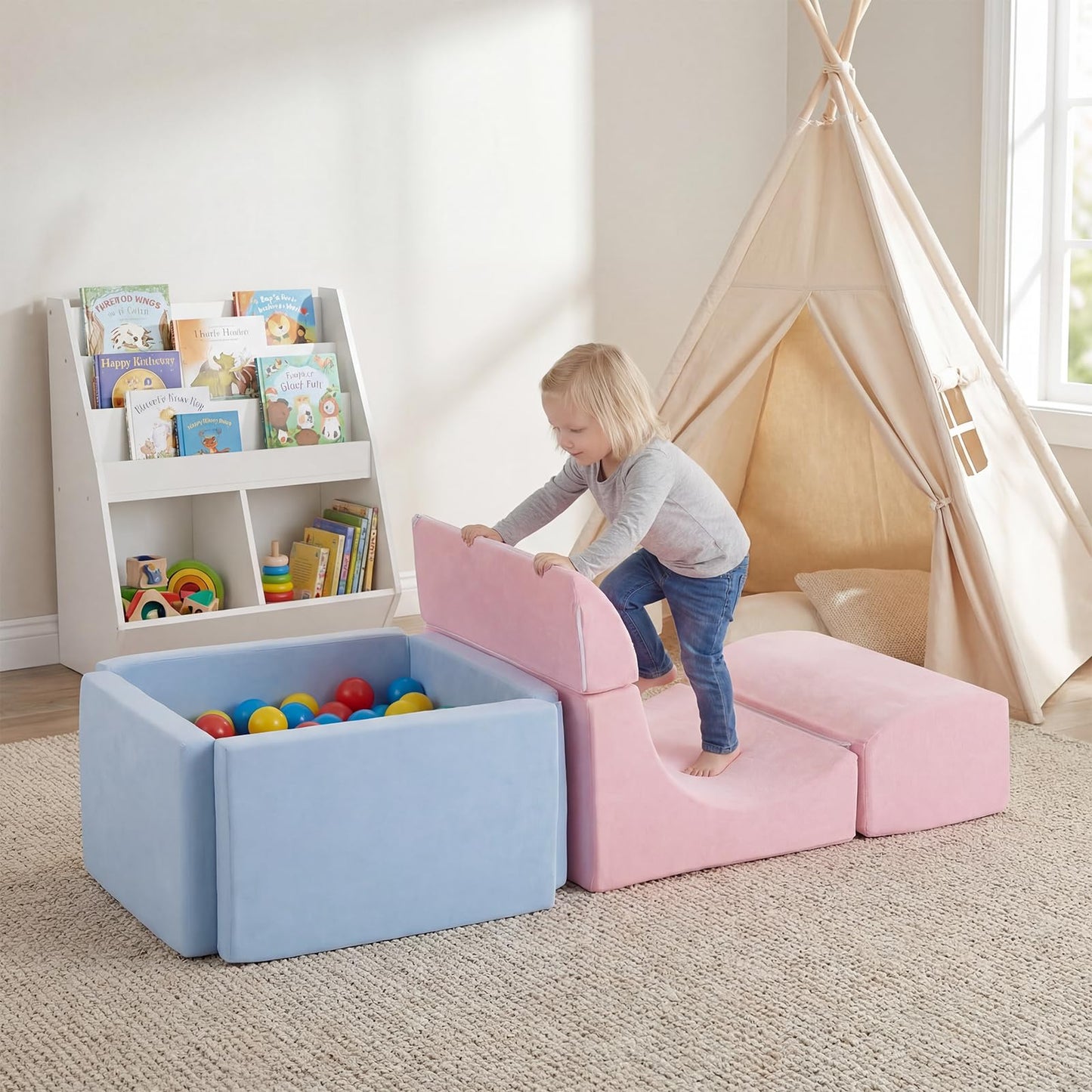 Soft Play Climbing Blocks, Baby Climb and Crawl Foam Play Set with Ball Pit and Suede Covers