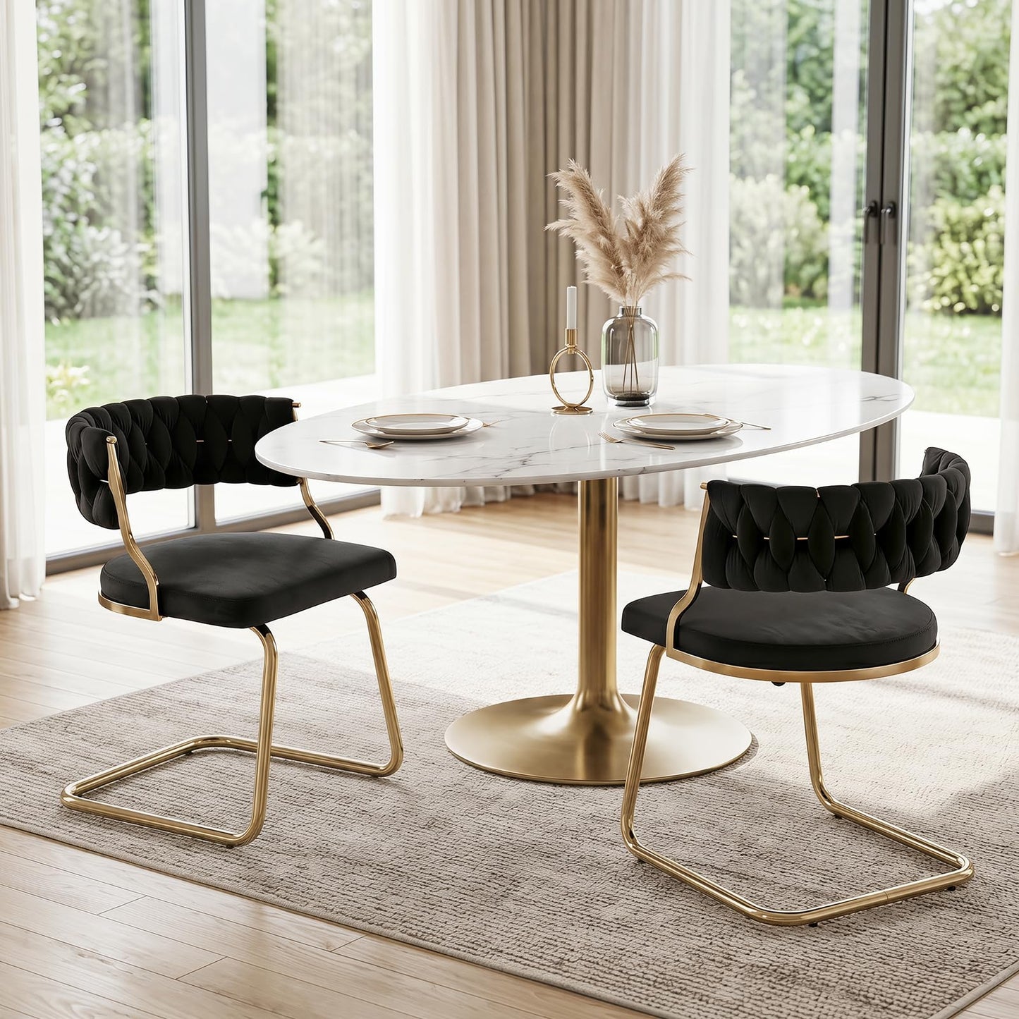 2 Pieces Velvet Dining Chairs with Curved Back and Sled Metal Base