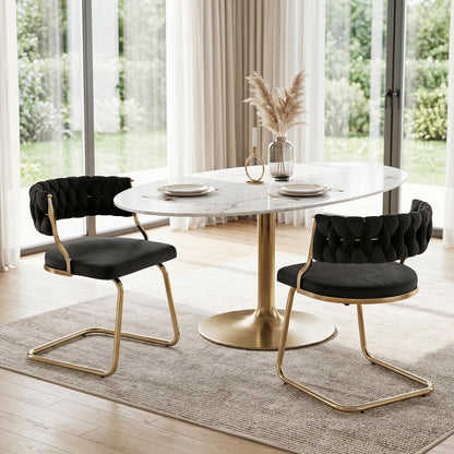 2 Pieces Velvet Dining Chairs with Curved Back and Sled Metal Base