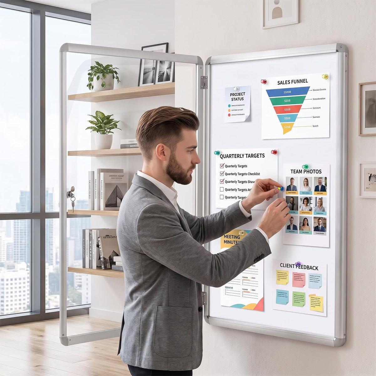 90 x 60 cm Enclosed Bulletin Board with Locking Door and Aluminum Alloy Frame