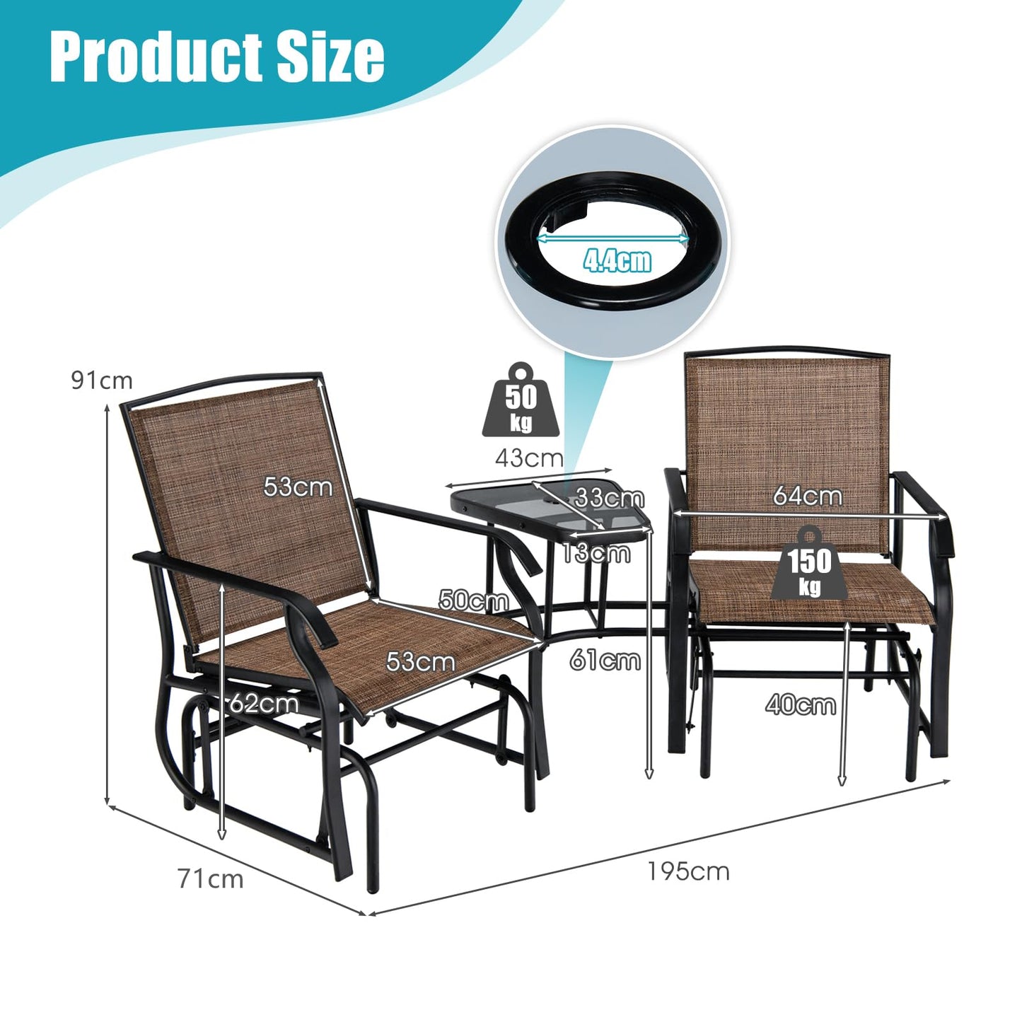 Outdoor Double Swing Glider Chair Set with Table and Umbrella Hole