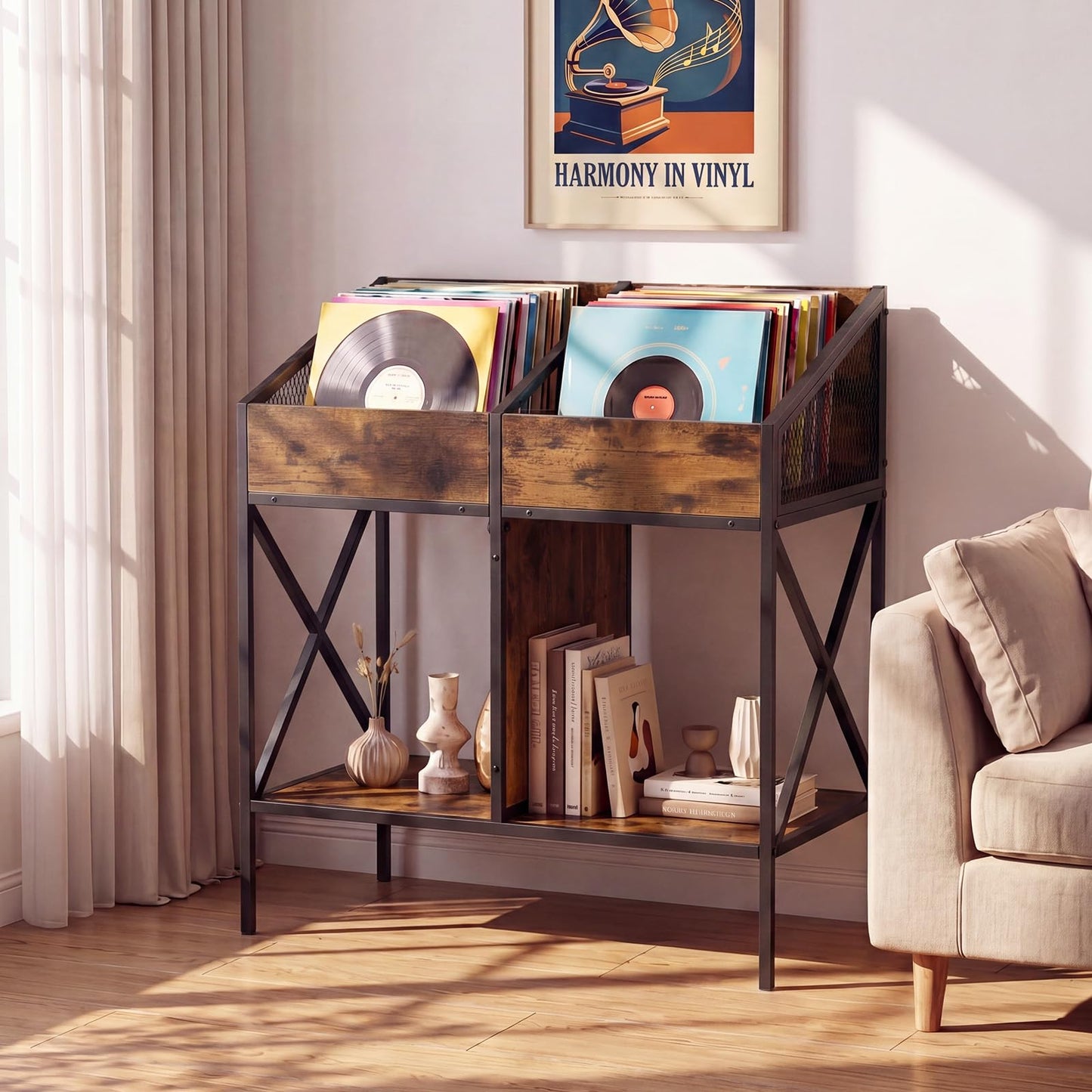 Record Player Stand, 2-Tier Turntable Stand End Side Table with 4 Display Shelves