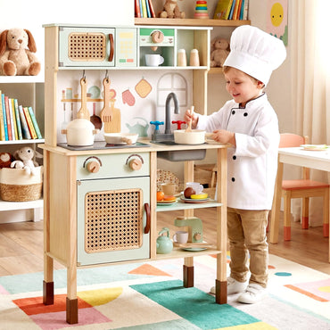 Kids Play Kitchen Wooden Pretend Kitchen Playset with Rattan Doors Wood Legs