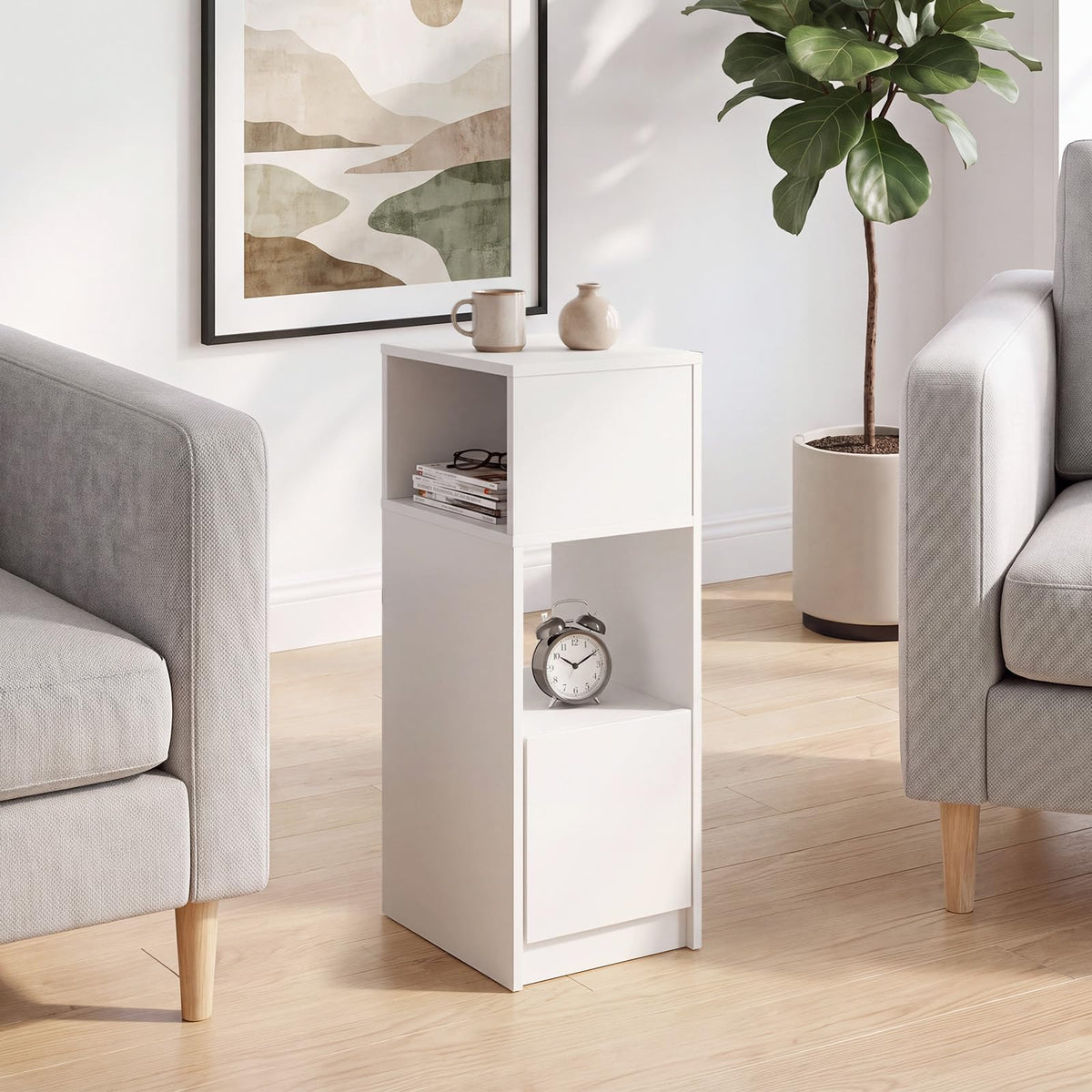 Slim Bedside Table with Drawer and 2 Storage Compartments