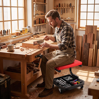 Rolling Mechanic Stool with Padded Seat, Tool Tray and 4 Wheels