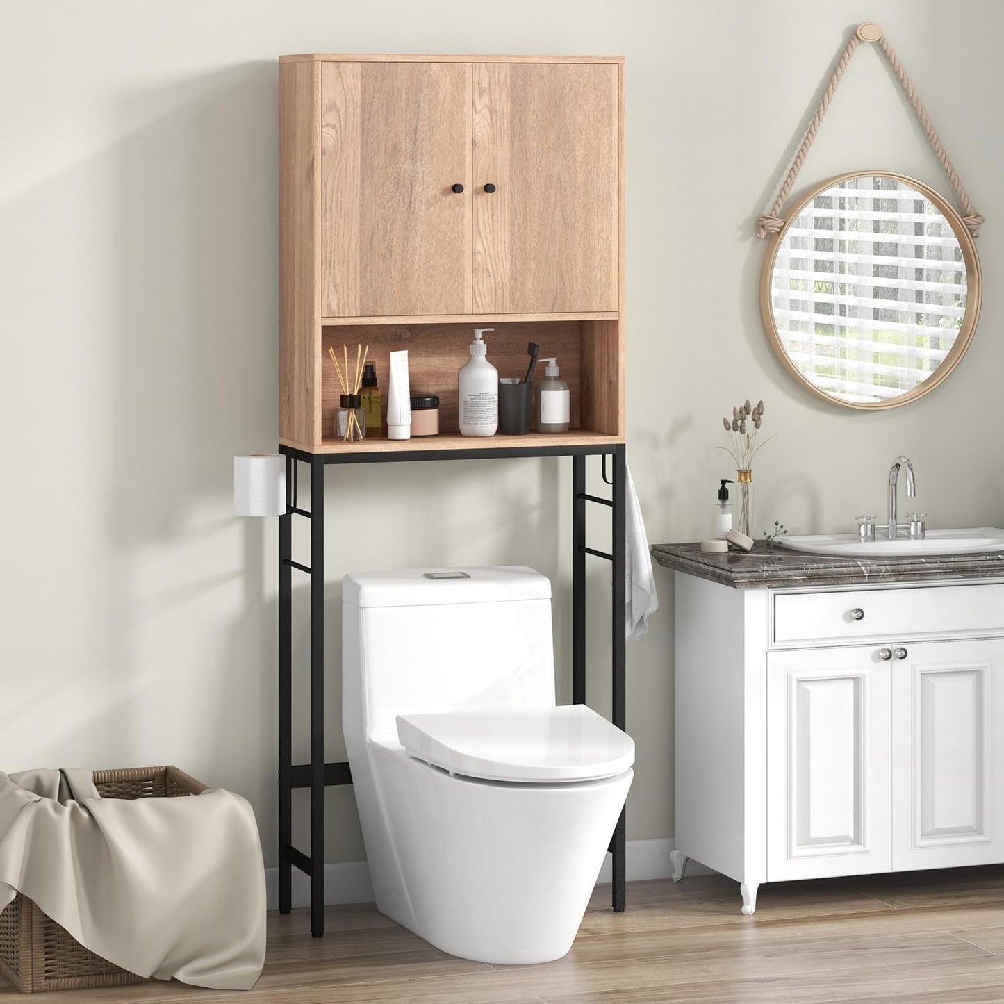 Over The Toilet Storage Cabinet with 2 Doors and Adjustable Shelf