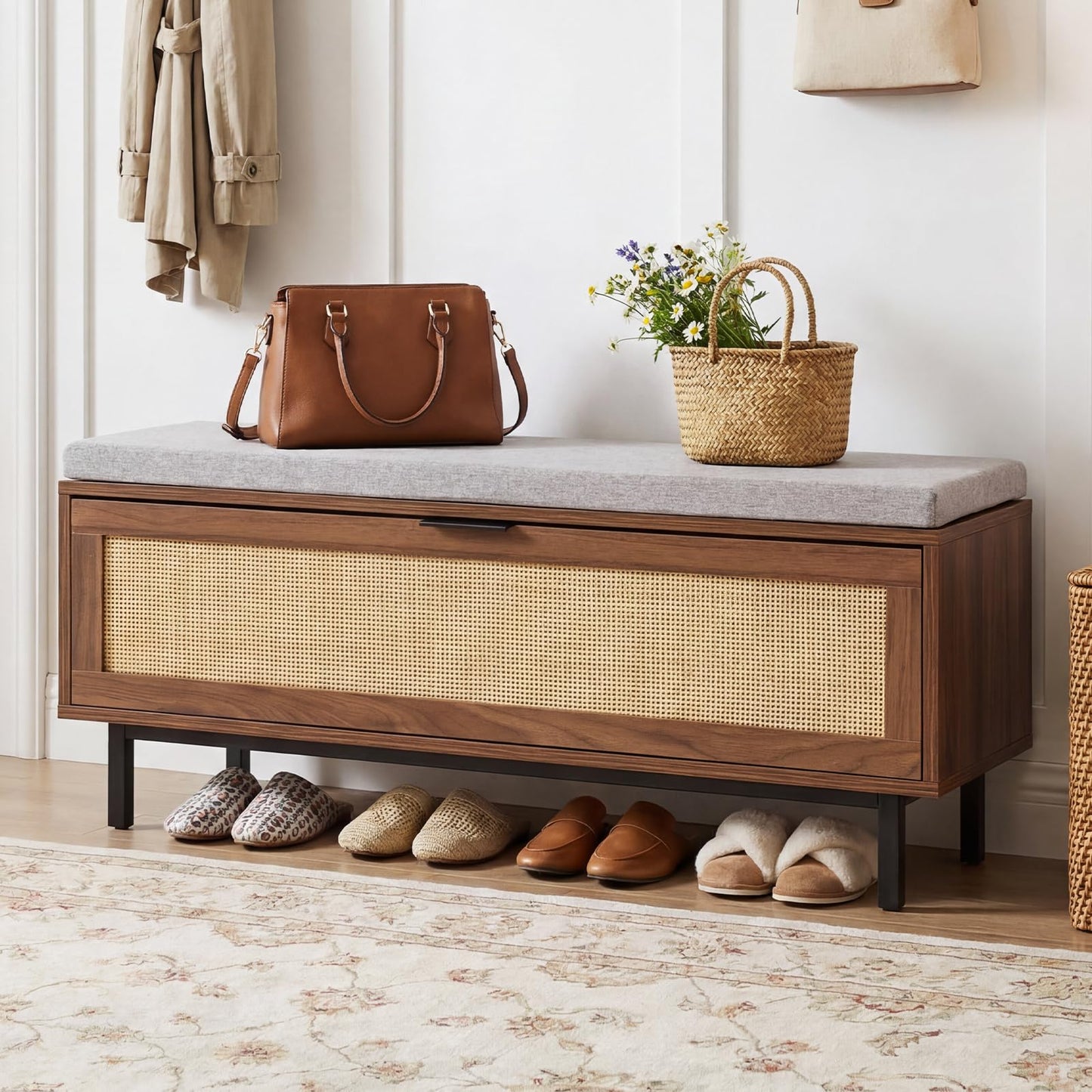 Shoe Storage Bench with Cushion and Flip-Down Rattan Door, Brow