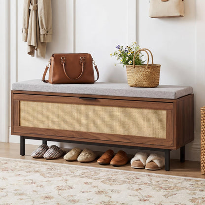 Shoe Storage Bench with Cushion and Flip-Down Rattan Door, Brow