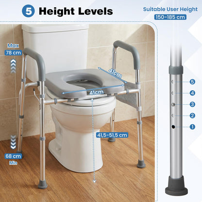 Adjustable Height and Width Raised Toilet Seat for Seniors with Padded Arms and Storage Bag