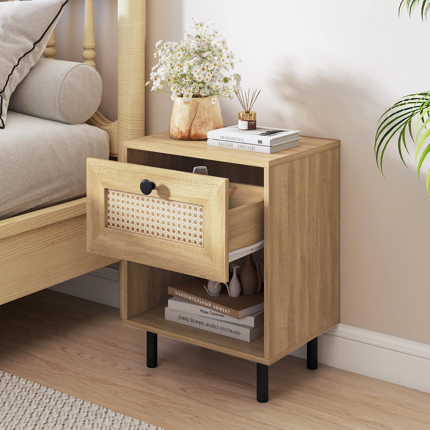 Rattan Nightstand with Drawer and Open Storage Shelf for Living Room Set of 2