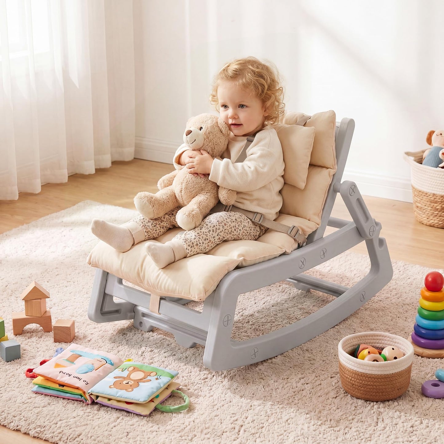 Kids Rocking Chair, Indoor Outdoor Toddlers Rocker with Adjustable Backrest