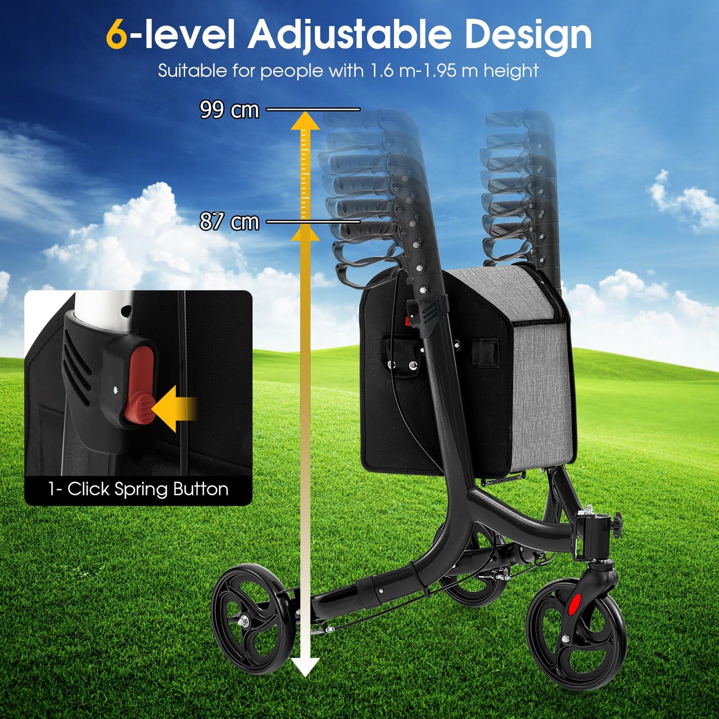 Folding Aluminum Rolling Walker with Zippered Storage Bag and Safe Dual Brake System