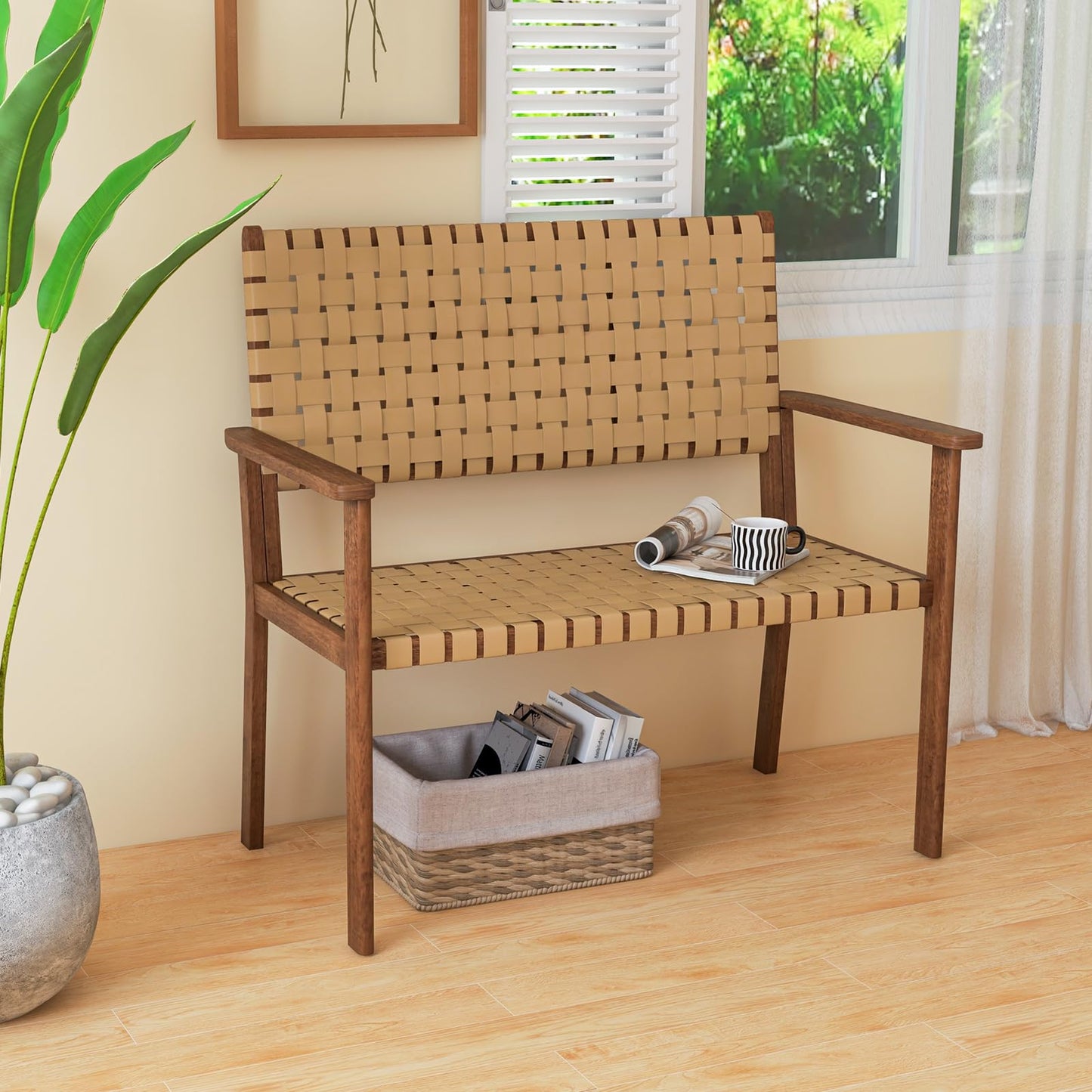 Outdoor All Weather Bench with Solid Rubber Wood Frame and Hand Woven PU Leather