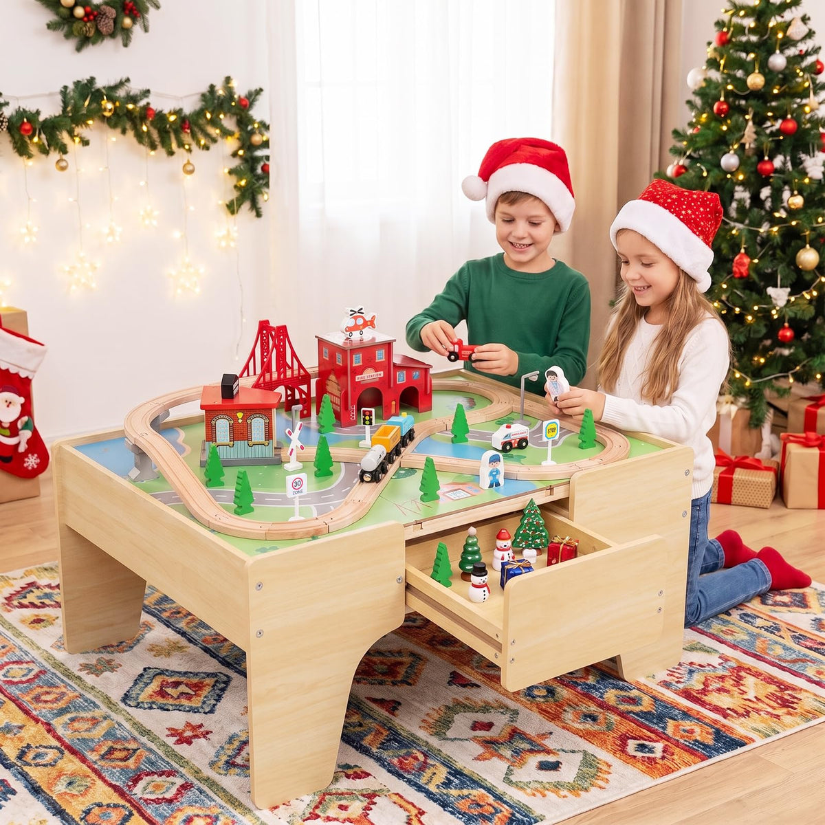 63-Piece Kids Train Table with Storage Drawer Reversible Tabletop and Train Tracks