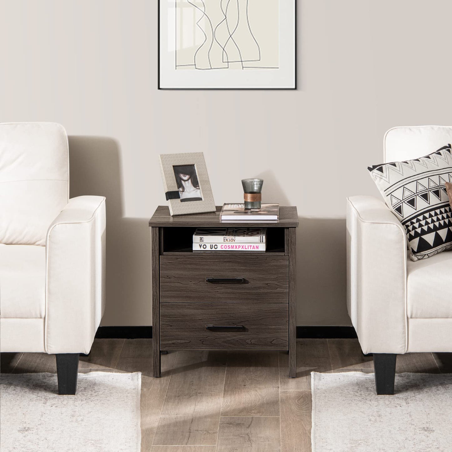 Modern Wooden Nightstand with 2 Drawers and Open Storage Shelf