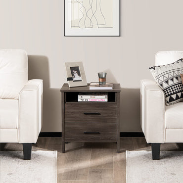 Modern Wooden Nightstand with 2 Drawers and Open Storage Shelf