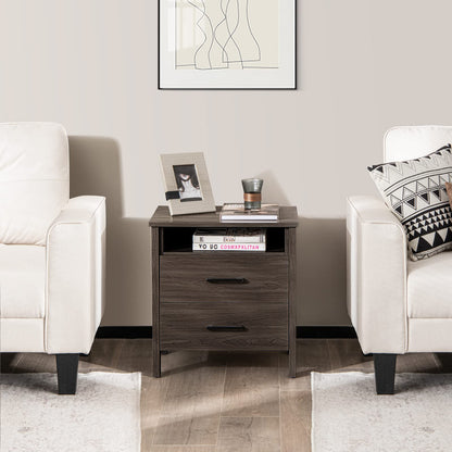 Modern Wooden Nightstand with 2 Drawers and Open Storage Shelf