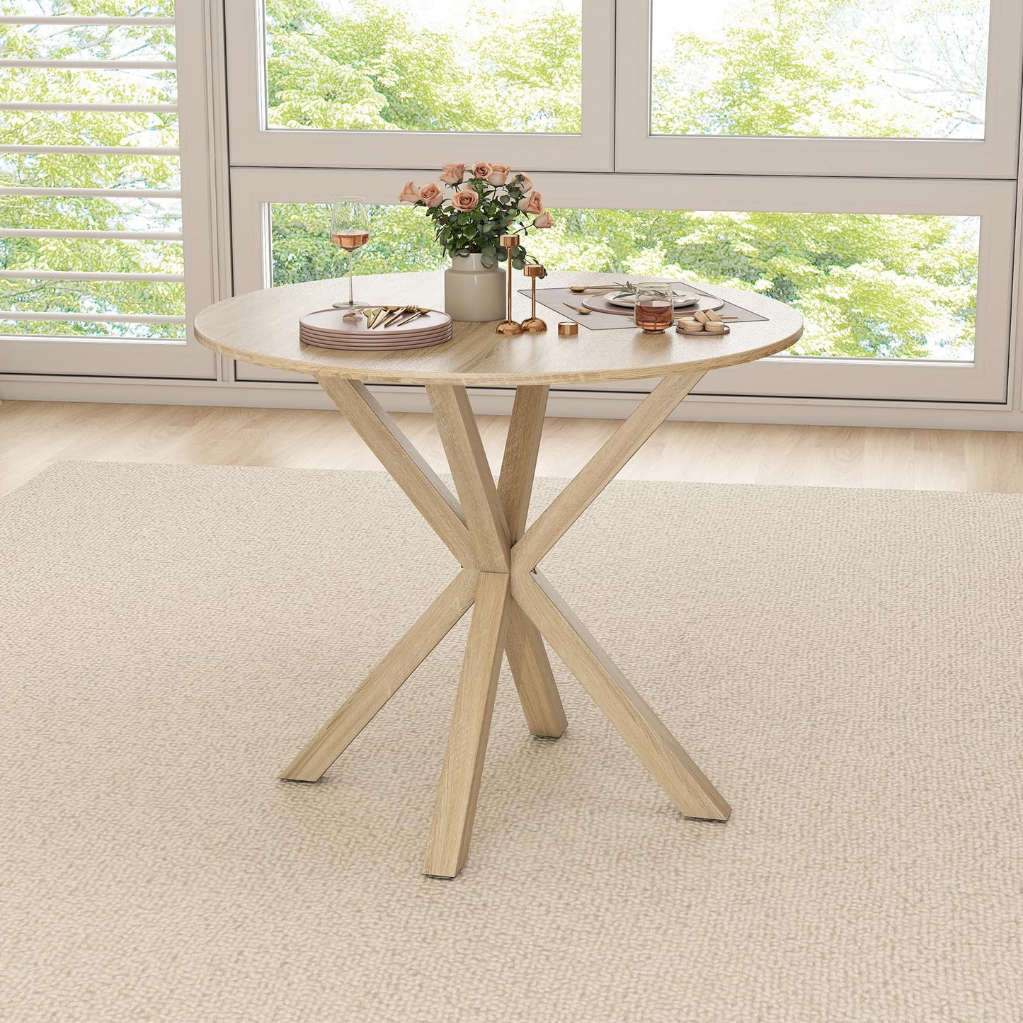 90CM Wood Dining Table with Intersecting Pedestal Base