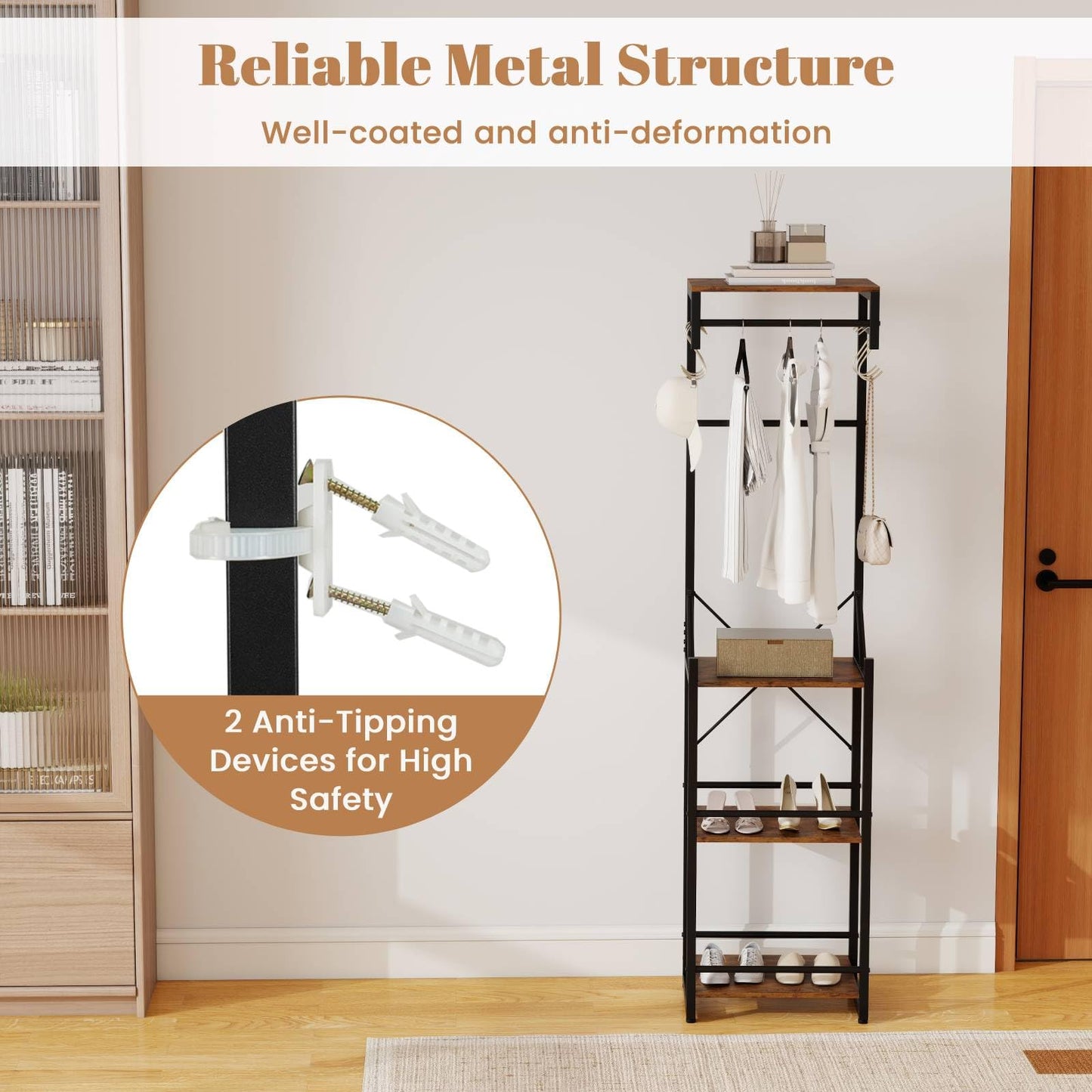 Freestanding Coat Rack Slim Hall Tree with 4 Storage Shelves